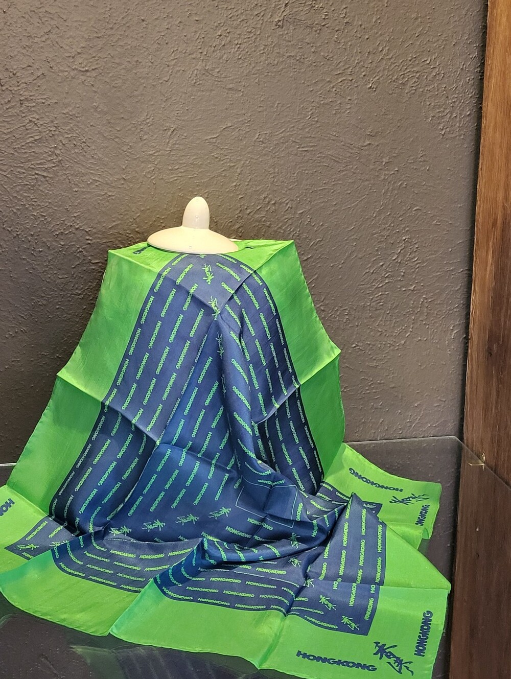 Hong Kong Blue/Green Silk Souvenir Scarf Square Vintage